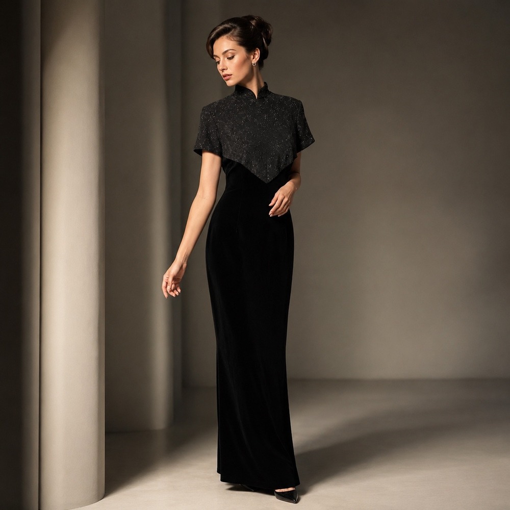 Jessica Howard Petite Black Velvet Maxi Dress Size 12P Mandarin Collar Formal